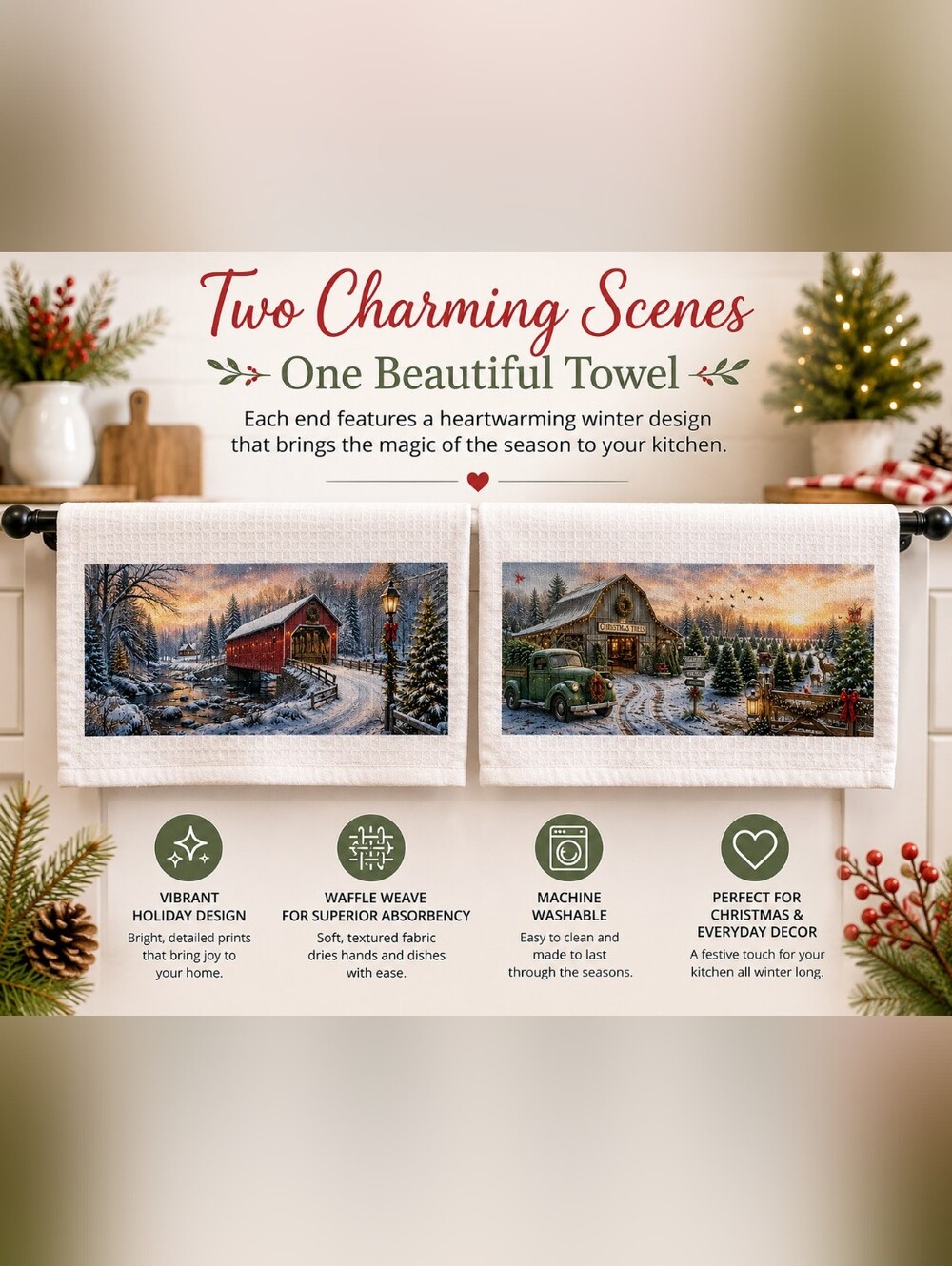 Hand Crafted White Kitchen Towel with Winter Scene Prints